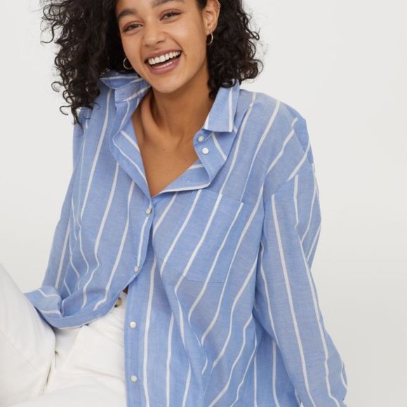 H&M Tops - H&M Blue & White Stripe Oversized Button Up Shirt